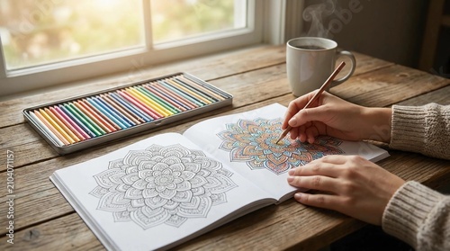 Person coloring a mandala in a book. Adult art therapy with colored pencils on wood table.