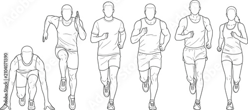 Line art vector illustration of runners and athletes sprinting jogging and at starting blocks isolated on white background