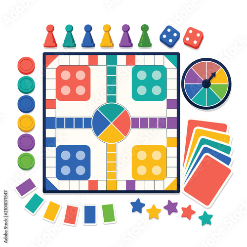 Classic Colorful Board Game Set Vector Featuring Family Entertainment Playing Components Illustration