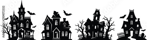 Cuadro en lienzo Set of 4 haunted house silhouettes, halloween elements