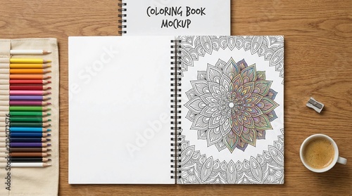 Open coloring book mockup on wooden desk. Spiral sketchbook with intricate art for coloring.