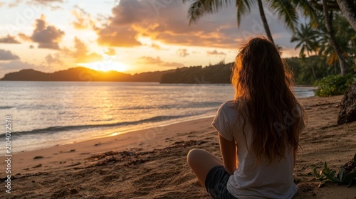 Woman watching a beautiful sunset over the ocean from a tropical beach