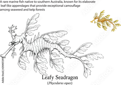 Schilderij op canvas A detailed scientific line art illustration of a Leafy Seadragon (Phycodurus equ