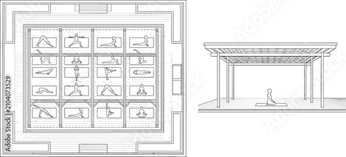 Foto Architecture CAD block of outdoor yoga pavilion with top view plan and side elev