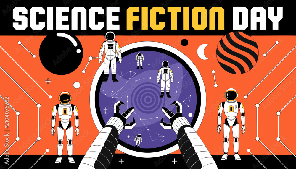 Obraz premium Science Fiction Day banner with astronauts and robots, retro futuristic space exploration vector, orange and black sci-fi cosmic background