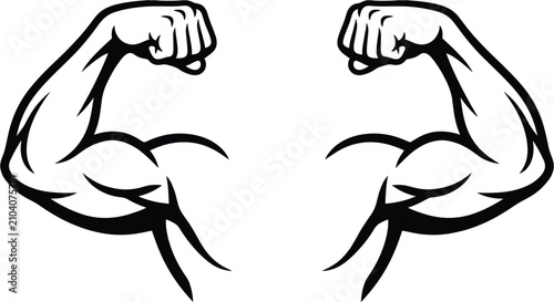 Biceps flexing demonstrate intense muscular force in a stylized black and white graphic design that serves as an effective emblem for fitness industry marketing materials and athletic apparel.