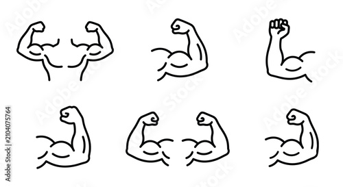 Bicep icons represent various muscular arm positions in a set of six distinct line art designs that provide versatile options for sports apps or fitness equipment manufacturing branding needs today.