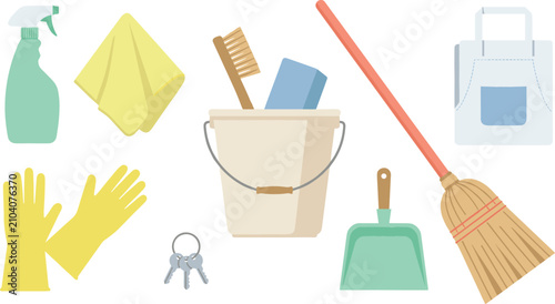 Photos Cleaning service and housekeeping vector icon set featuring broom bucket dustpan