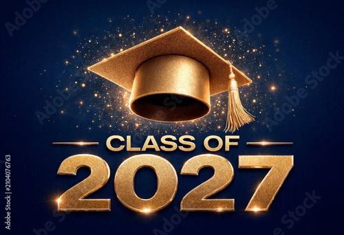Golden graduation cap with class of 2027 text and sparkling effects celebration design