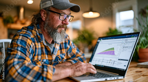 Agronomist using a laptop at a farmhouse kitchen table reviewing a farm management software dashboard displaying field-by-field input costs, yield variance analytics, and irrigation scheduling recom