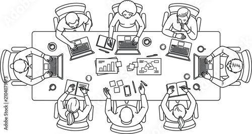 Team members sit around a conference table in an office setting, collaborating on data analysis and strategic planning tasks while using laptops and tablets shown from an overhead perspective view.