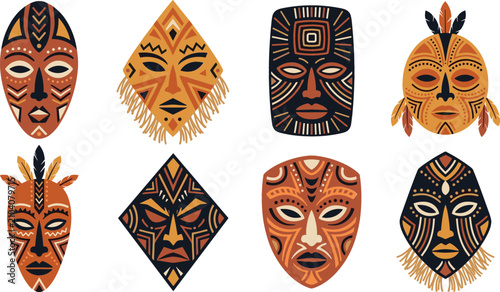 Schilderij op canvas Traditional African tribal mask vector element set with ethnic geometric pattern