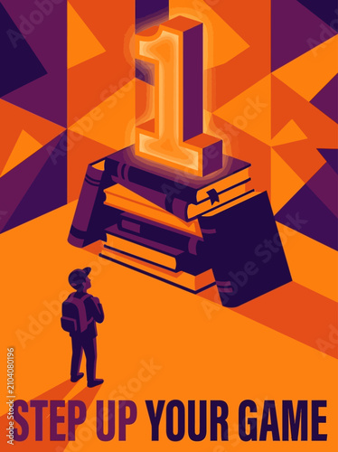 A motivated student looking towards a glowing number one resting atop a stack of books representing academic success and personal growth