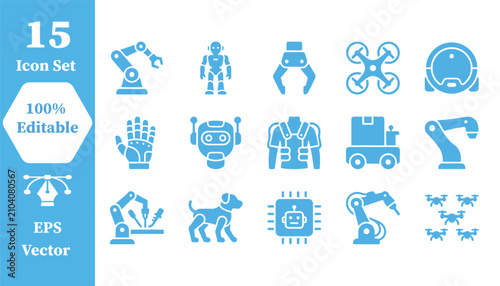 Set of industrial robotics and automation icons with automation, industry