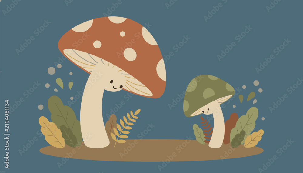 Fototapeta premium Giant spotted mushroom and a smaller green mushroom with cute smiling faces stand side-by-side on a forest floor.