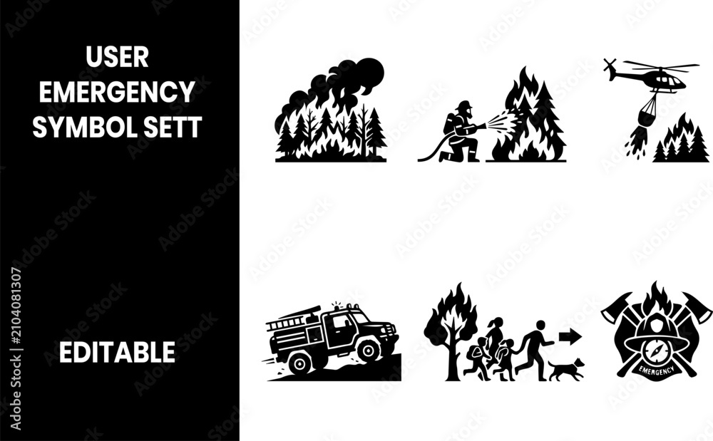Fototapeta premium Firefighter and emergency wildfire response iconography set including rescue and forest fire icons with firefighter