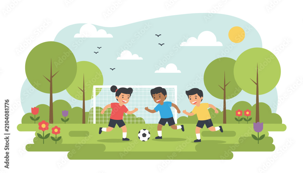 Fototapeta premium Group of three happy diverse children running and playing soccer together on a green grassy field in a park with a goal post behind.