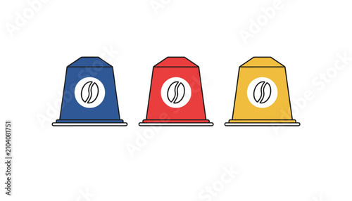Simple vector illustration of three plastic coffee espresso capsules in blue, red, and yellow colors aligned in a row.