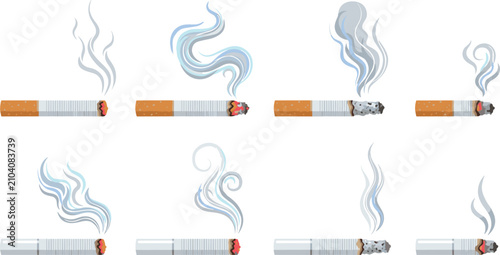 Tableau sur toile Burning cigarettes vector illustration set with realistic tobacco filters and rising smoke swirls for healthcare awareness campaigns and anti-smoking designs