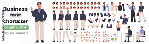 Business man character constructor with customizable body parts, emotions, gestures and office accessories vector set