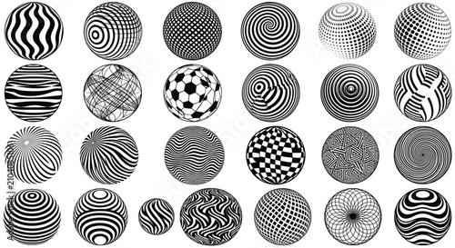 Spheres decorated with diverse black and white geometric patterns are arranged in a grid formation on a white surface, providing a modern visual collection for creative design projects.
