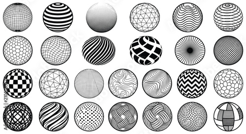 Sphere geometry variations showcase abstract patterns and textured surfaces on rounded shapes, arranged in a structured grid to highlight mathematical precision and diverse design aesthetics.