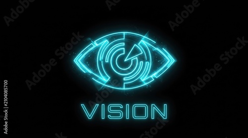 Futuristic Digital Eye Icon with Neon Glow and Vision Text