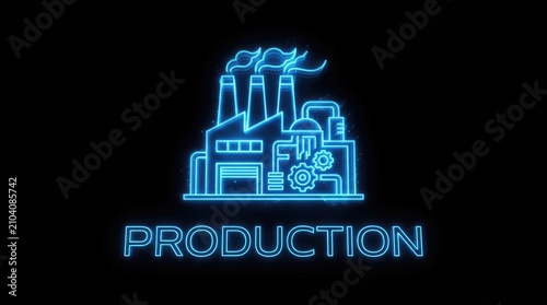 Glowing blue neon factory icon representing production and manufacturing on a black background.