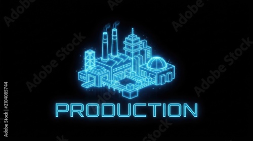 Futuristic factory production hologram. Glowing blue neon industrial manufacturing and technology concept.