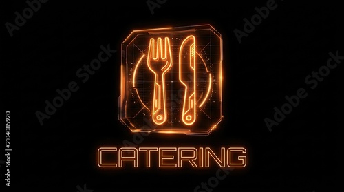 Futuristic Neon Catering Logo with Glowing Fork and Knife Icon