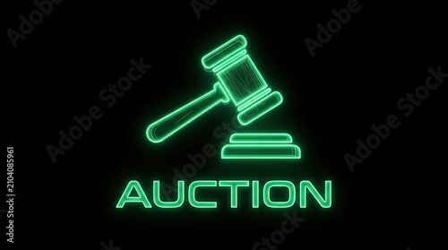 Auction gavel neon sign. 3D glowing green icon for law, bidding, and justice.