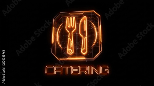 Futuristic catering food service icon with glowing neon fork and knife logo.