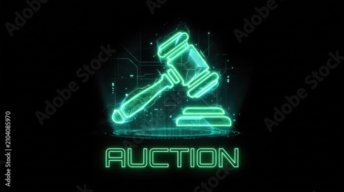 Futuristic online auction concept with a glowing neon gavel. Digital bidding and NFT technology.