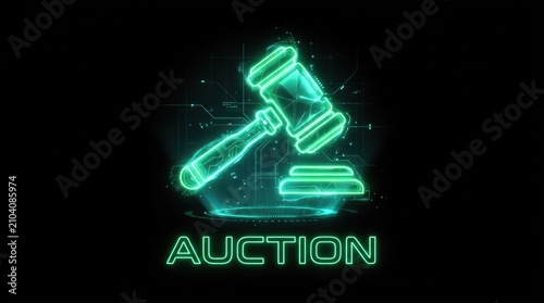 Online auction concept with a futuristic digital gavel icon and glowing neon light effect.