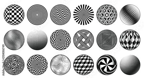 Spheres display various complex geometric patterns and optical illusions, providing a collection of monochrome circular shapes that serve as decorative elements for modern design and abstract.