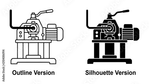 Obraz na plátně Metalworking Machine: Two views, an outline and a silhouette, of a metalworking machine, featuring a handle, motor, and sturdy base, representing industrial fabrication and craftsmanship
