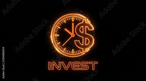 Digital glowing time is money icon. Investment and financial growth concept for wealth management strategy.