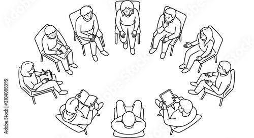 People sitting in chairs arranged in a circle are captured in this linear illustration style featuring a diverse group of individuals who are participating in a collaborative team building session.