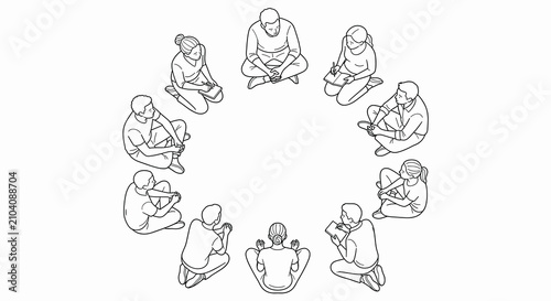 People sitting on the floor in a circle are depicted in this minimalist line art illustration representing a group session or therapeutic gathering where individuals are focusing on self reflection.