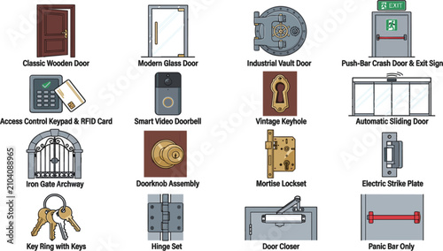 Doors hardware and access control color icon set featuring wooden door, vault, keypad, doorbell, automatic sliding glass, gate, lock, and keys vector.