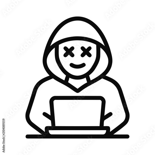 Line Art Hacker Character with Cross Eyes Working on Laptop Computer Icon