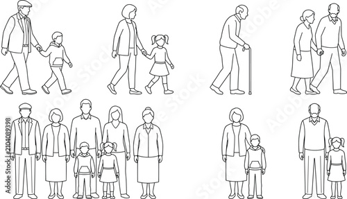 Architectural vector scale figures collection featuring grandparents grandchildren multi-generational family and senior citizens in front and side elevations