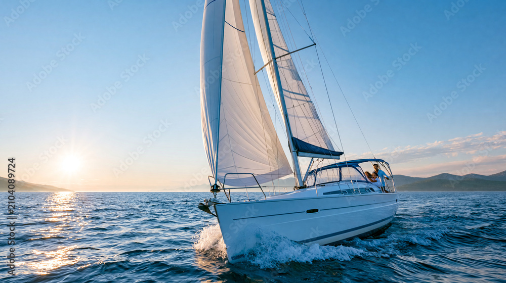 Fototapeta premium Faceless Latino family enjoying fun sailing adventures at sunrise on open water, diverse family sailing concept, lifestyle photography, blurred ocean background , with copy space