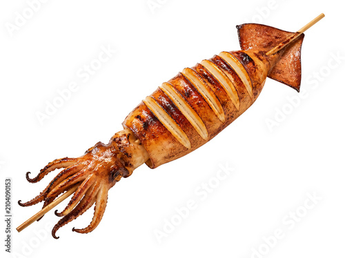 Grilled whole skewered squid isolated on transparent background