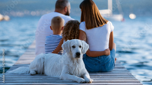 Faceless family with dog resting on a pier during vacation enjoying peaceful waterside moment, pet-friendly travel concept, family photography, blurred water background , with