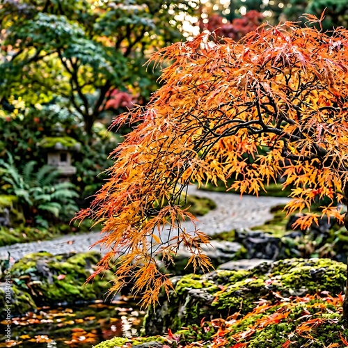 Vibrant Autumn Leaves in a Peaceful Garden Pond.