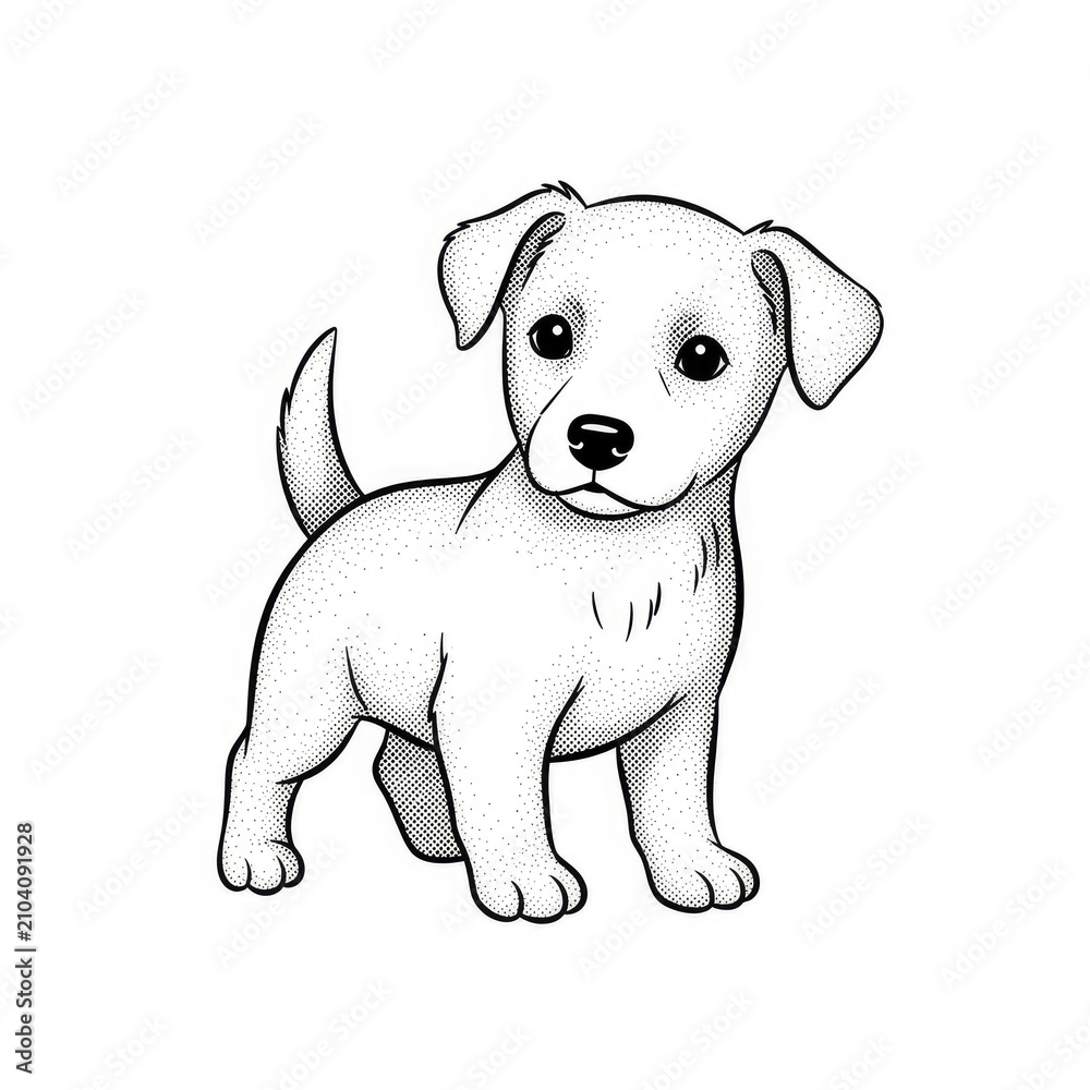 Fototapeta premium Black and White Cartoon Puppy on White Background for Children S Book Illustration