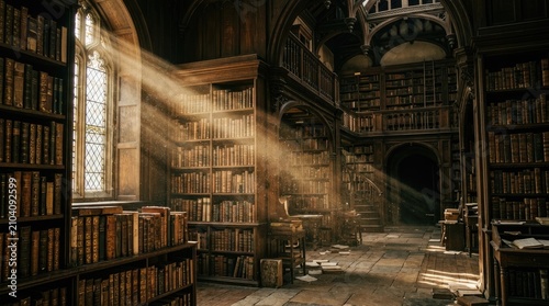 Sunlight streams through the window of a vast, old library. Dark academia aesthetic background.