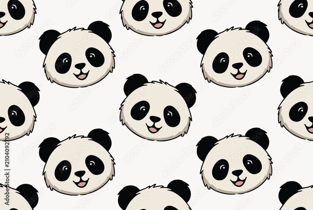 Fototapeta premium Charming seamless pattern design featuring repetitive cute panda bear faces with happy expressions on a white background.