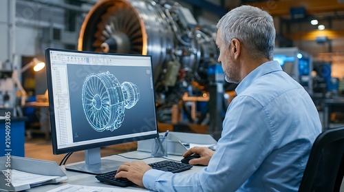 Male engineer concentrating on computer screen displaying turbine blueprint and 3d model for advanced technological innovation in aerospace engineering and development within a factory setting.
